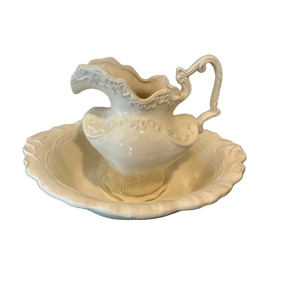 Vintage Arnels Ceramic Wash Basin Bowl Pitcher Set Shabby Farmhouse ~13" Cream